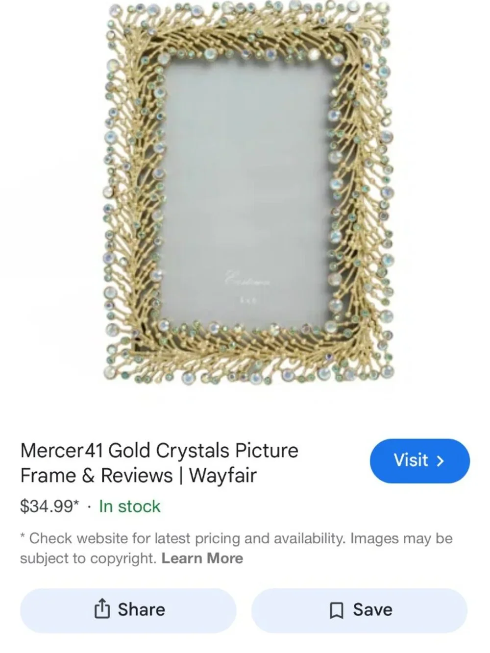 Mercer41-Gold & Crystal picture frame -NEW  for 4x6